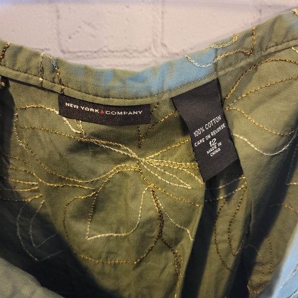 New York & Co Olive Flower Embroidery Pleated Skirt - Picture 3 of 3